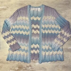 Alfred Dunner Blue Purple Chevron Pointelle Sequin Open Front Cardigan Large